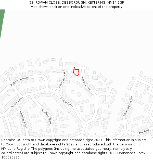 53, ROWAN CLOSE, DESBOROUGH, KETTERING, NN14 2GP: Location map and indicative extent of plot