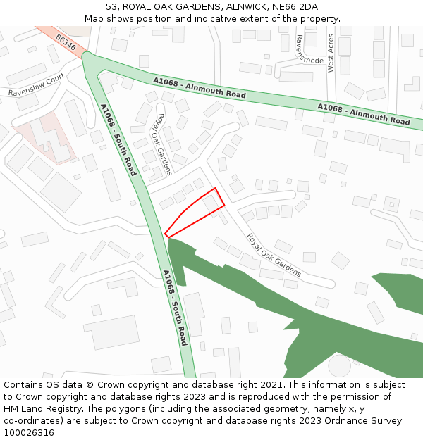 53, ROYAL OAK GARDENS, ALNWICK, NE66 2DA: Location map and indicative extent of plot