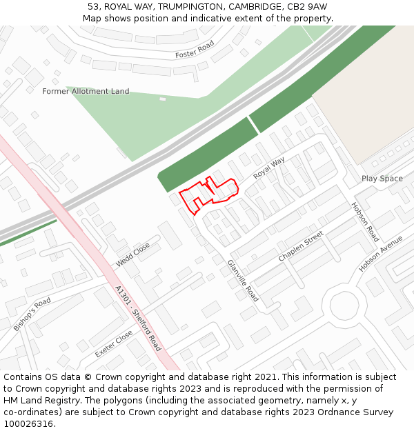 53, ROYAL WAY, TRUMPINGTON, CAMBRIDGE, CB2 9AW: Location map and indicative extent of plot