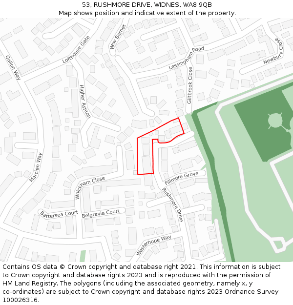 53, RUSHMORE DRIVE, WIDNES, WA8 9QB: Location map and indicative extent of plot