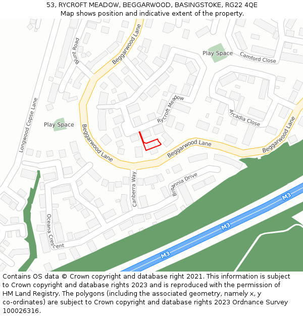 53, RYCROFT MEADOW, BEGGARWOOD, BASINGSTOKE, RG22 4QE: Location map and indicative extent of plot