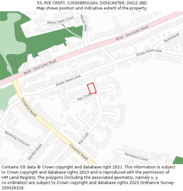 53, RYE CROFT, CONISBROUGH, DONCASTER, DN12 2BD: Location map and indicative extent of plot
