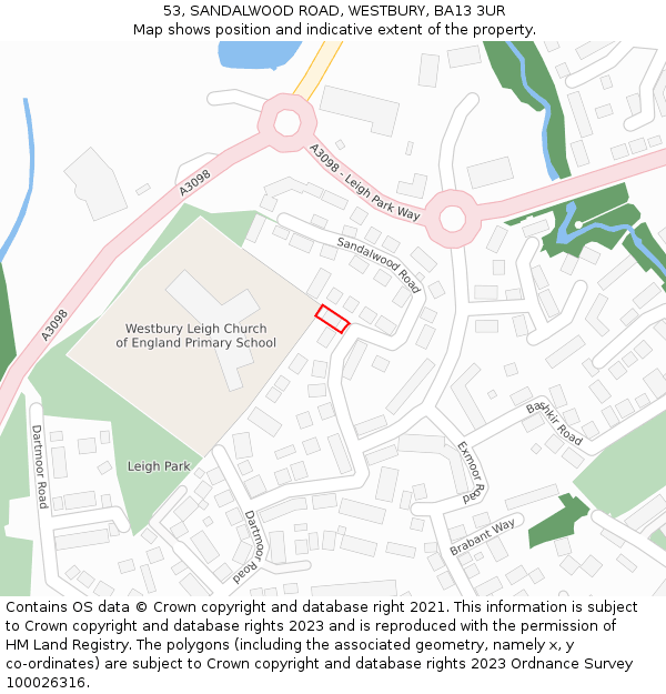 53, SANDALWOOD ROAD, WESTBURY, BA13 3UR: Location map and indicative extent of plot