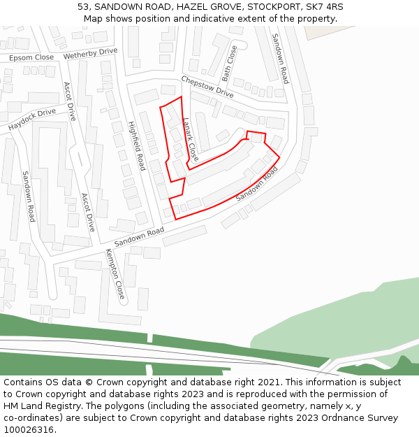 53, SANDOWN ROAD, HAZEL GROVE, STOCKPORT, SK7 4RS: Location map and indicative extent of plot