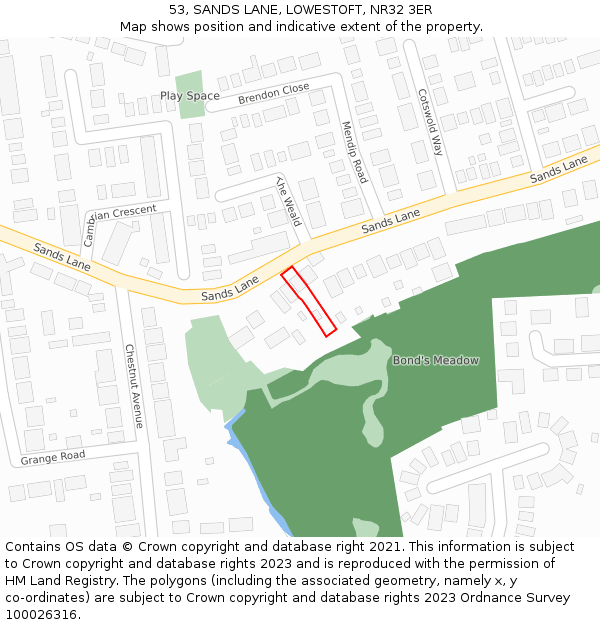 53, SANDS LANE, LOWESTOFT, NR32 3ER: Location map and indicative extent of plot