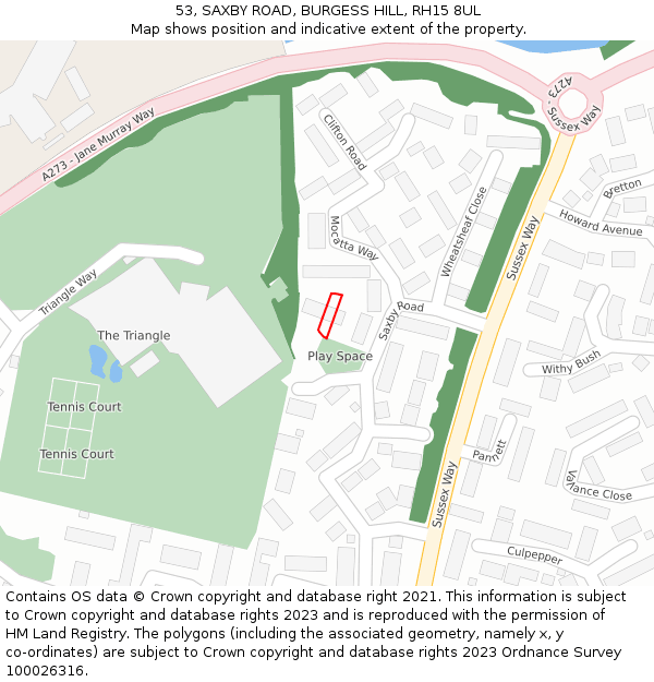 53, SAXBY ROAD, BURGESS HILL, RH15 8UL: Location map and indicative extent of plot