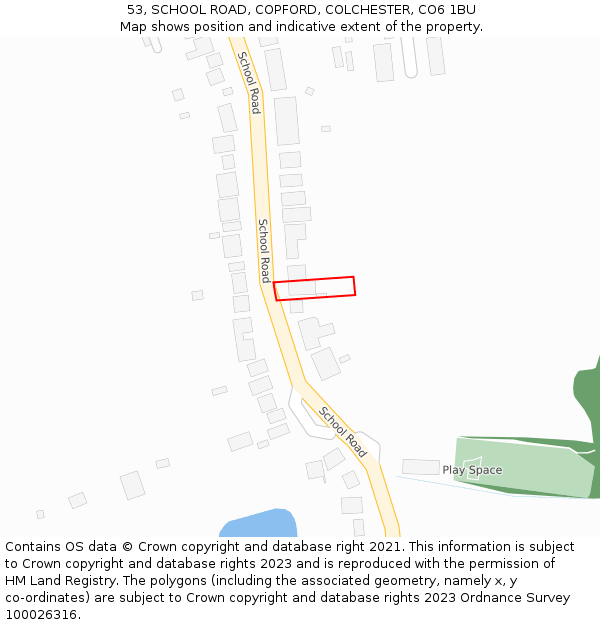 53, SCHOOL ROAD, COPFORD, COLCHESTER, CO6 1BU: Location map and indicative extent of plot