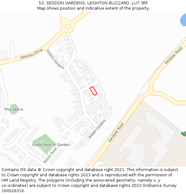 53, SEDDON GARDENS, LEIGHTON BUZZARD, LU7 3RF: Location map and indicative extent of plot