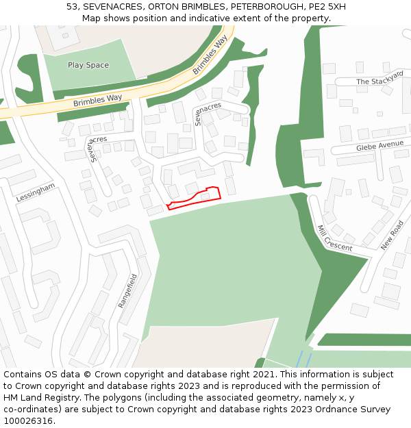 53, SEVENACRES, ORTON BRIMBLES, PETERBOROUGH, PE2 5XH: Location map and indicative extent of plot