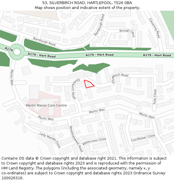 53, SILVERBIRCH ROAD, HARTLEPOOL, TS26 0BA: Location map and indicative extent of plot
