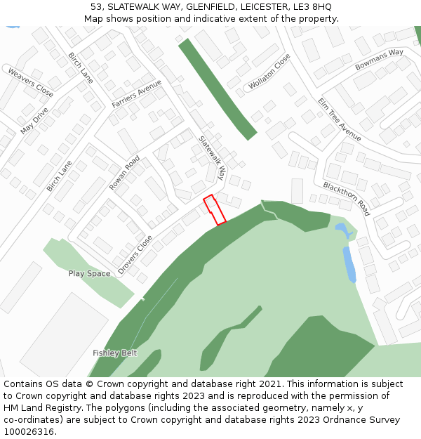 53, SLATEWALK WAY, GLENFIELD, LEICESTER, LE3 8HQ: Location map and indicative extent of plot