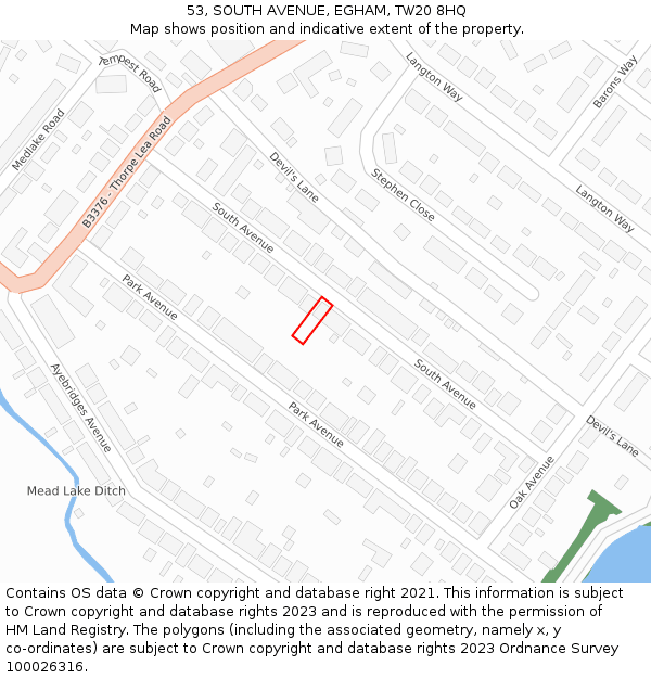 53, SOUTH AVENUE, EGHAM, TW20 8HQ: Location map and indicative extent of plot