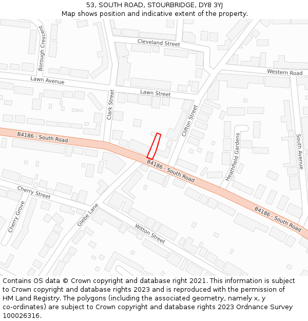 53, SOUTH ROAD, STOURBRIDGE, DY8 3YJ: Location map and indicative extent of plot