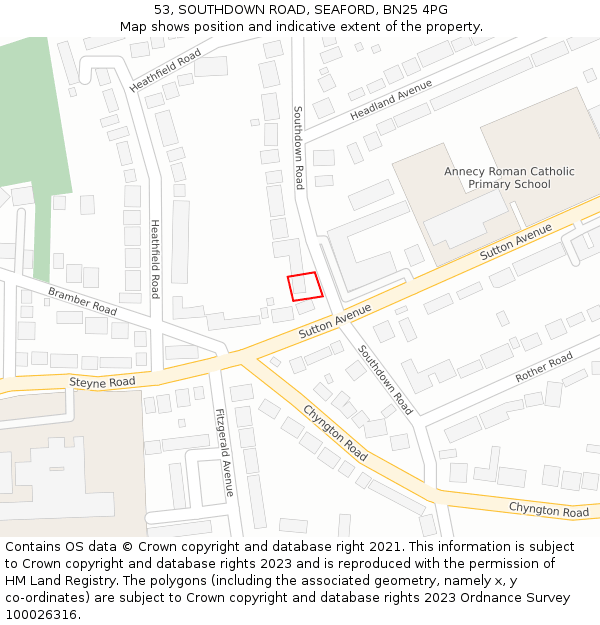 53, SOUTHDOWN ROAD, SEAFORD, BN25 4PG: Location map and indicative extent of plot