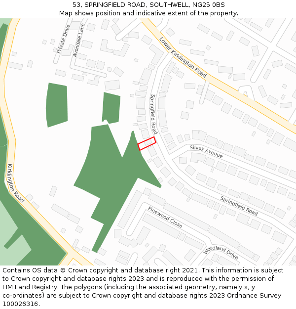 53, SPRINGFIELD ROAD, SOUTHWELL, NG25 0BS: Location map and indicative extent of plot