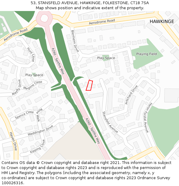 53, STANSFELD AVENUE, HAWKINGE, FOLKESTONE, CT18 7SA: Location map and indicative extent of plot