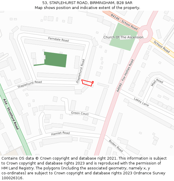 53, STAPLEHURST ROAD, BIRMINGHAM, B28 9AR: Location map and indicative extent of plot