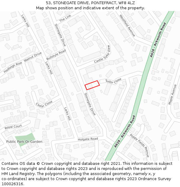 53, STONEGATE DRIVE, PONTEFRACT, WF8 4LZ: Location map and indicative extent of plot