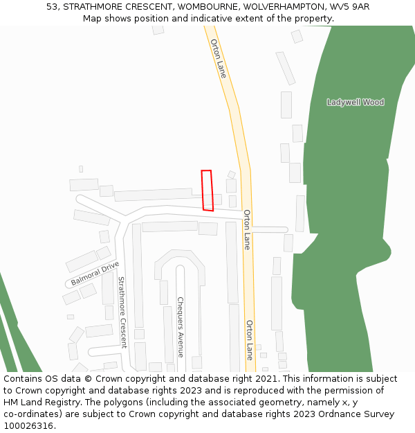 53, STRATHMORE CRESCENT, WOMBOURNE, WOLVERHAMPTON, WV5 9AR: Location map and indicative extent of plot