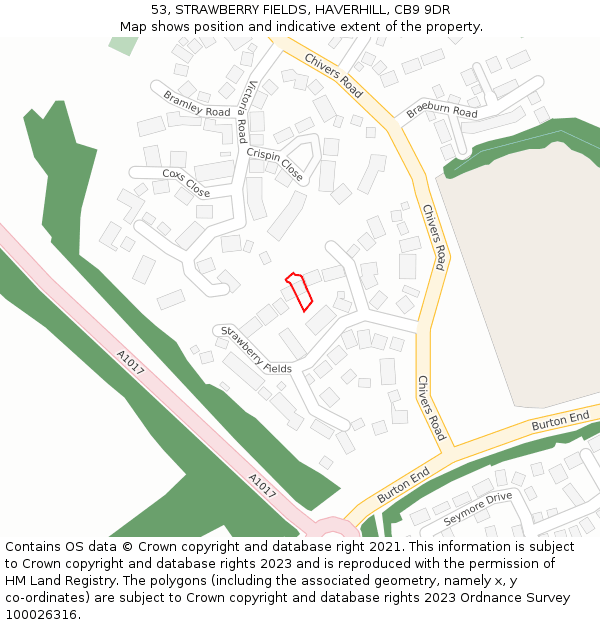 53, STRAWBERRY FIELDS, HAVERHILL, CB9 9DR: Location map and indicative extent of plot