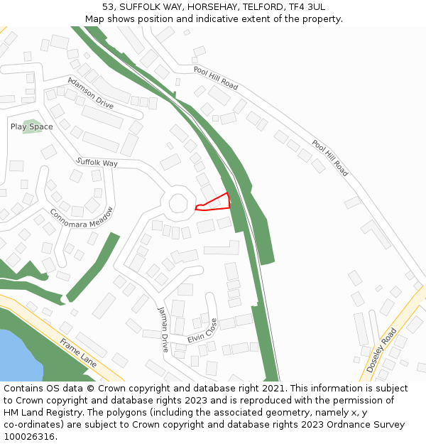 53, SUFFOLK WAY, HORSEHAY, TELFORD, TF4 3UL: Location map and indicative extent of plot