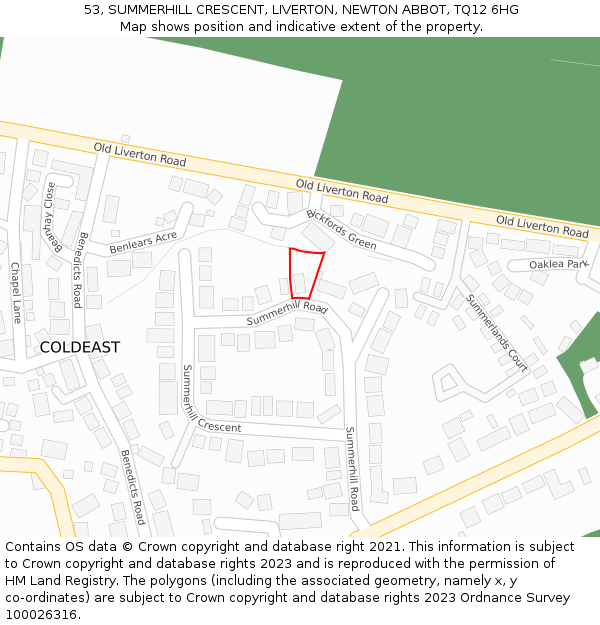 53, SUMMERHILL CRESCENT, LIVERTON, NEWTON ABBOT, TQ12 6HG: Location map and indicative extent of plot