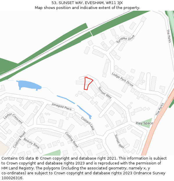 53, SUNSET WAY, EVESHAM, WR11 3JX: Location map and indicative extent of plot