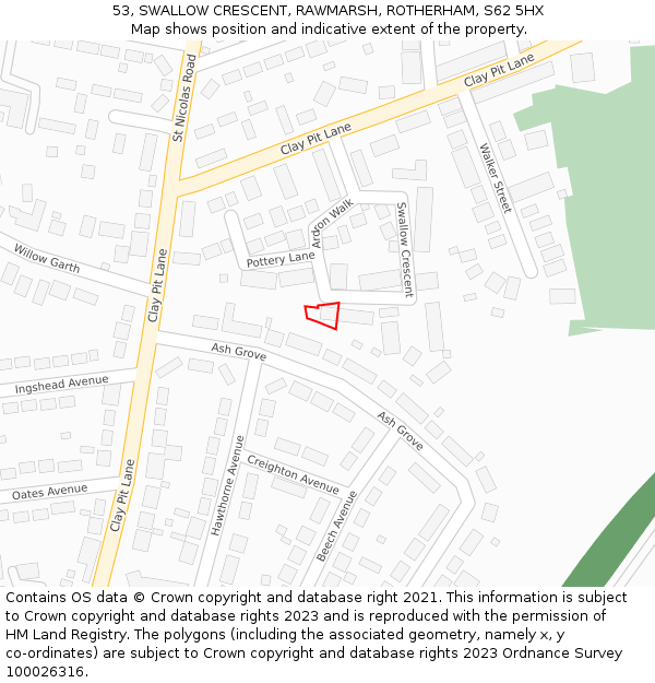 53, SWALLOW CRESCENT, RAWMARSH, ROTHERHAM, S62 5HX: Location map and indicative extent of plot