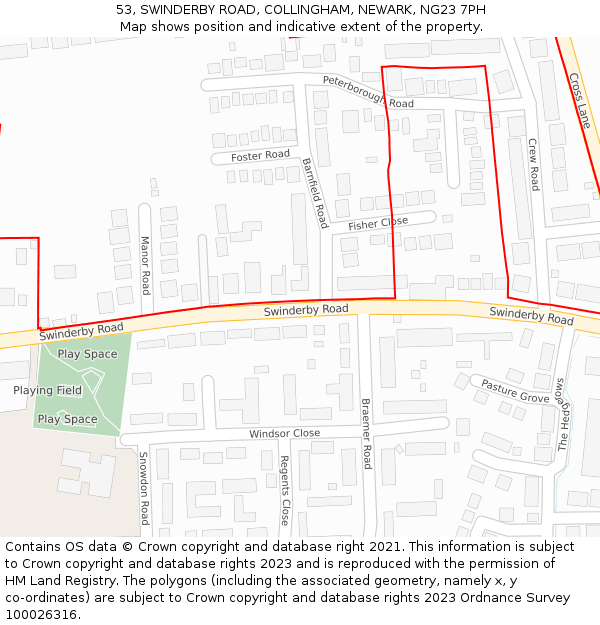 53, SWINDERBY ROAD, COLLINGHAM, NEWARK, NG23 7PH: Location map and indicative extent of plot