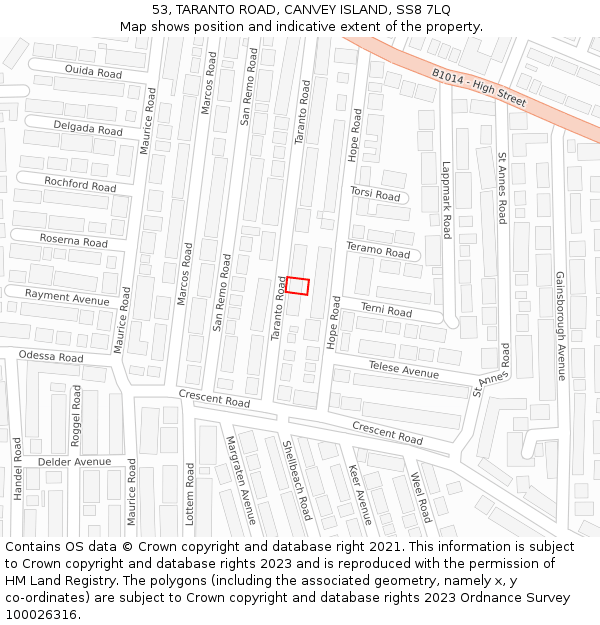 53, TARANTO ROAD, CANVEY ISLAND, SS8 7LQ: Location map and indicative extent of plot