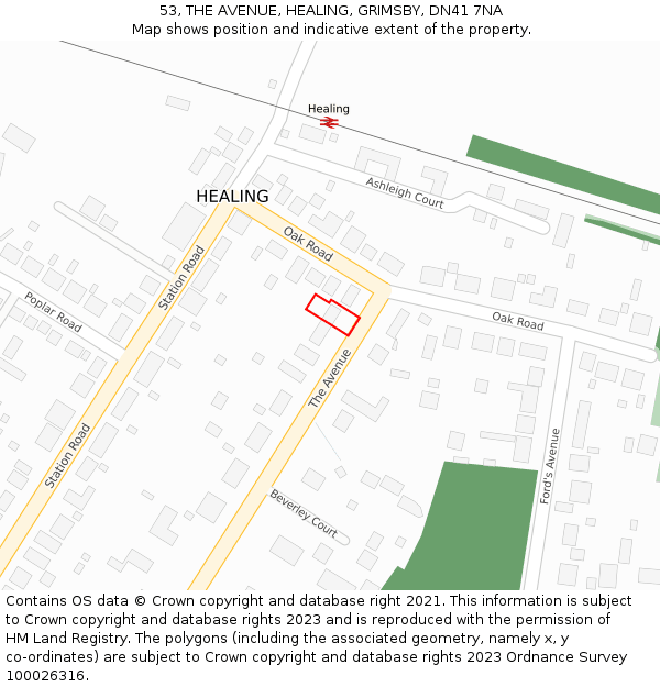 53, THE AVENUE, HEALING, GRIMSBY, DN41 7NA: Location map and indicative extent of plot