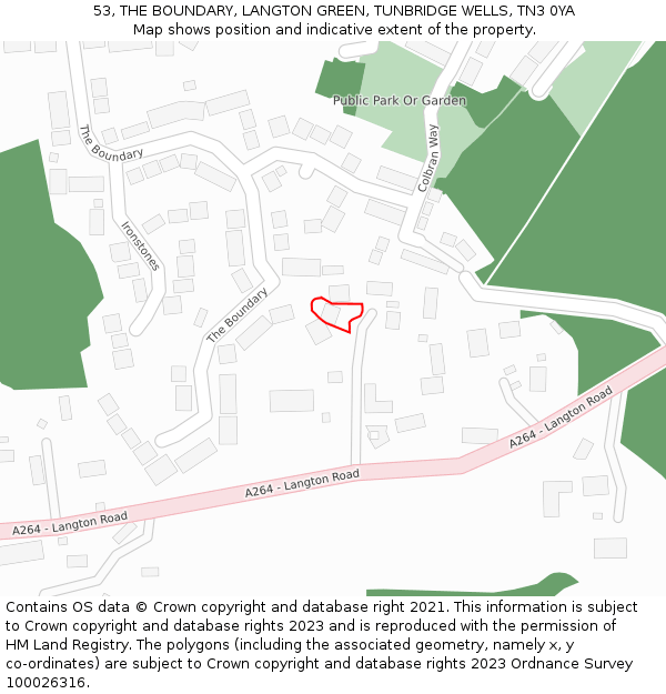 53, THE BOUNDARY, LANGTON GREEN, TUNBRIDGE WELLS, TN3 0YA: Location map and indicative extent of plot