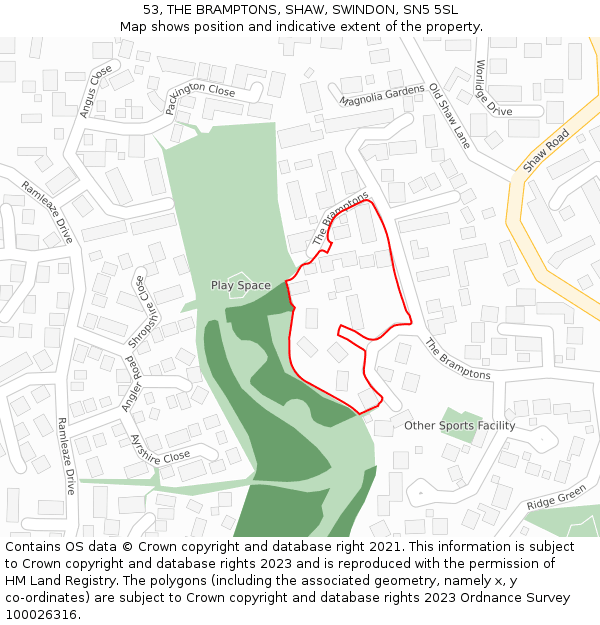 53, THE BRAMPTONS, SHAW, SWINDON, SN5 5SL: Location map and indicative extent of plot