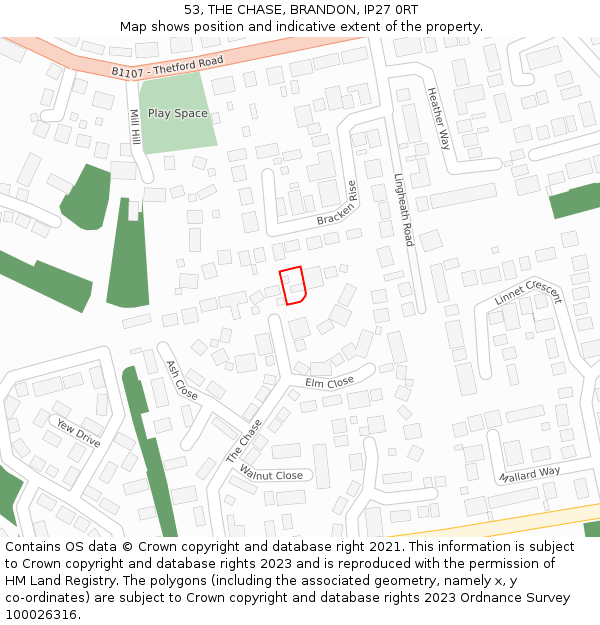 53, THE CHASE, BRANDON, IP27 0RT: Location map and indicative extent of plot