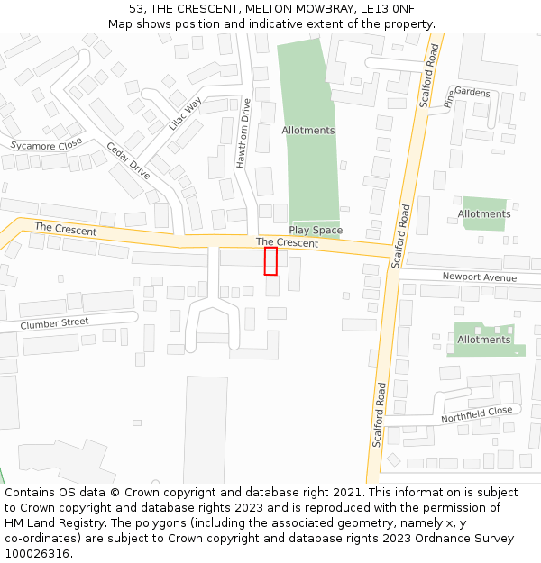53, THE CRESCENT, MELTON MOWBRAY, LE13 0NF: Location map and indicative extent of plot