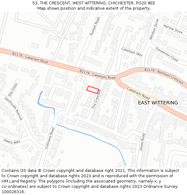 53, THE CRESCENT, WEST WITTERING, CHICHESTER, PO20 8EE: Location map and indicative extent of plot