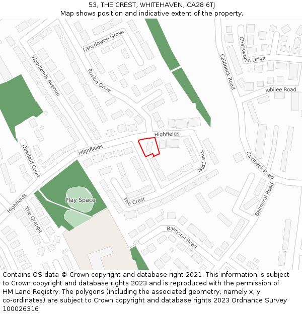 53, THE CREST, WHITEHAVEN, CA28 6TJ: Location map and indicative extent of plot