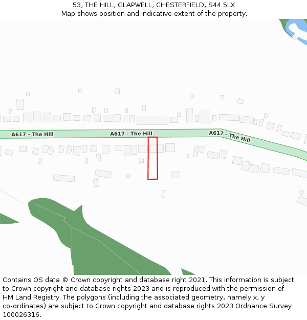 53, THE HILL, GLAPWELL, CHESTERFIELD, S44 5LX: Location map and indicative extent of plot