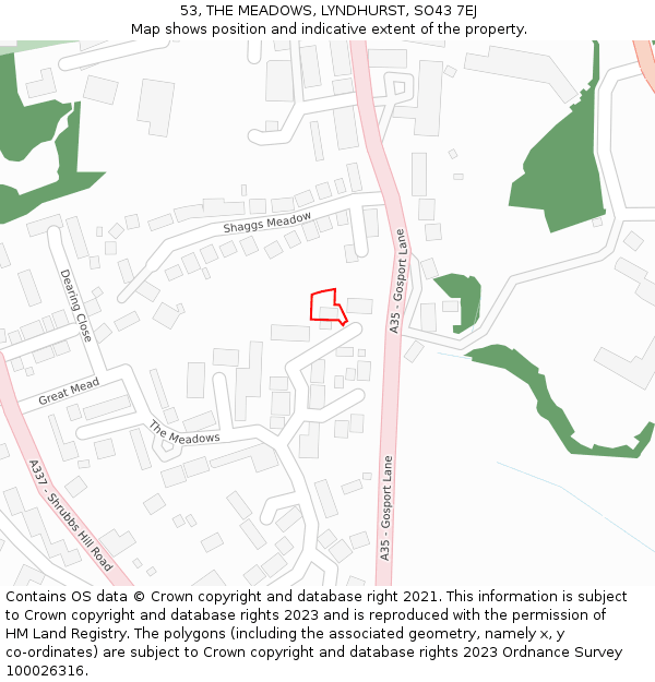 53, THE MEADOWS, LYNDHURST, SO43 7EJ: Location map and indicative extent of plot