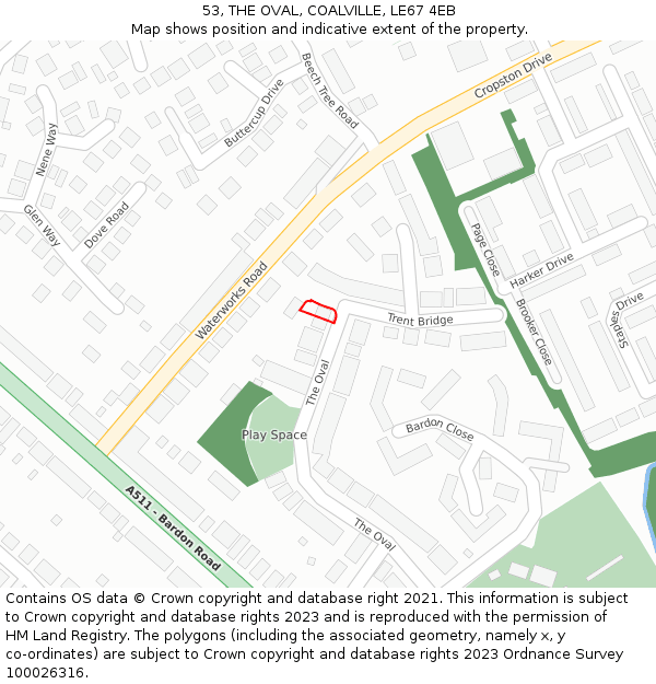 53, THE OVAL, COALVILLE, LE67 4EB: Location map and indicative extent of plot