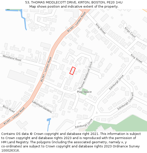 53, THOMAS MIDDLECOTT DRIVE, KIRTON, BOSTON, PE20 1HU: Location map and indicative extent of plot