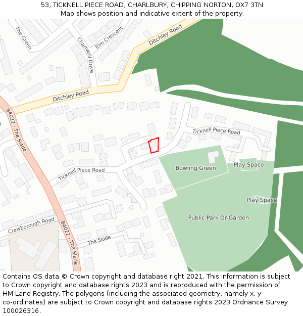 53, TICKNELL PIECE ROAD, CHARLBURY, CHIPPING NORTON, OX7 3TN: Location map and indicative extent of plot