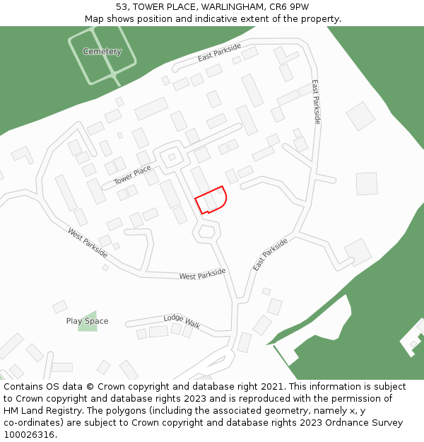 53, TOWER PLACE, WARLINGHAM, CR6 9PW: Location map and indicative extent of plot