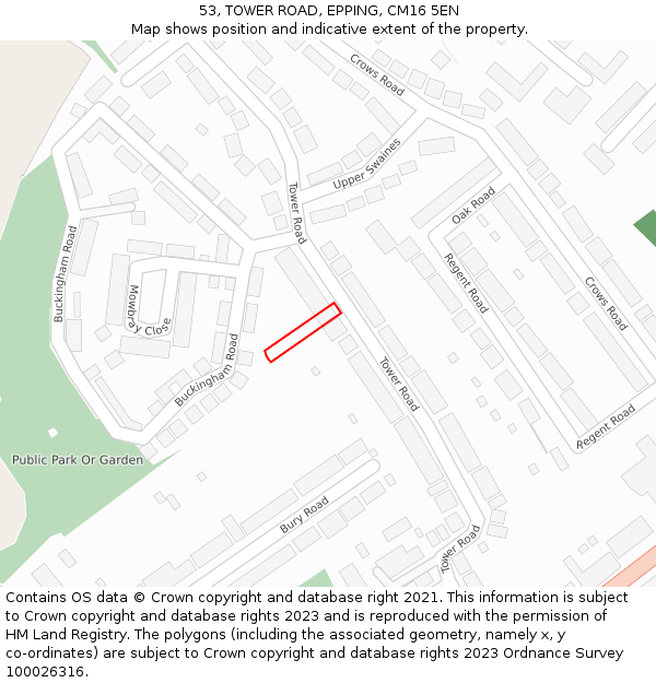 53, TOWER ROAD, EPPING, CM16 5EN: Location map and indicative extent of plot