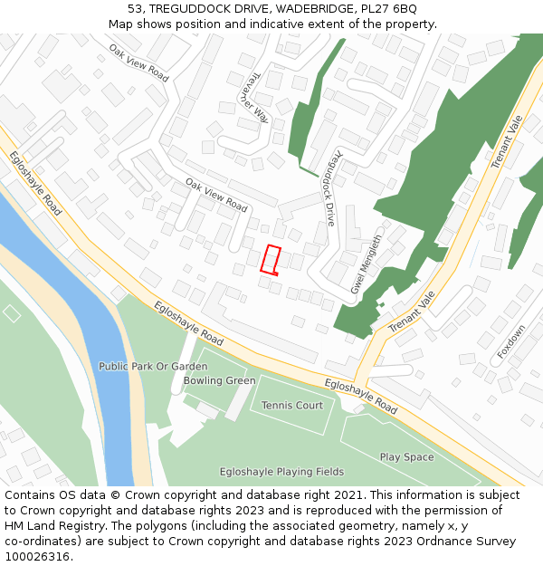 53, TREGUDDOCK DRIVE, WADEBRIDGE, PL27 6BQ: Location map and indicative extent of plot