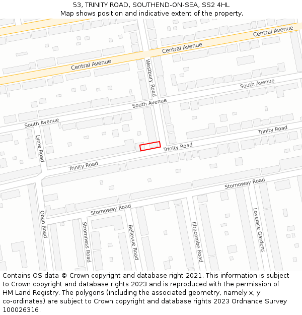 53, TRINITY ROAD, SOUTHEND-ON-SEA, SS2 4HL: Location map and indicative extent of plot