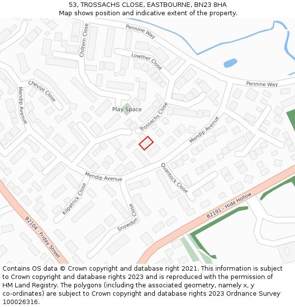 53, TROSSACHS CLOSE, EASTBOURNE, BN23 8HA: Location map and indicative extent of plot
