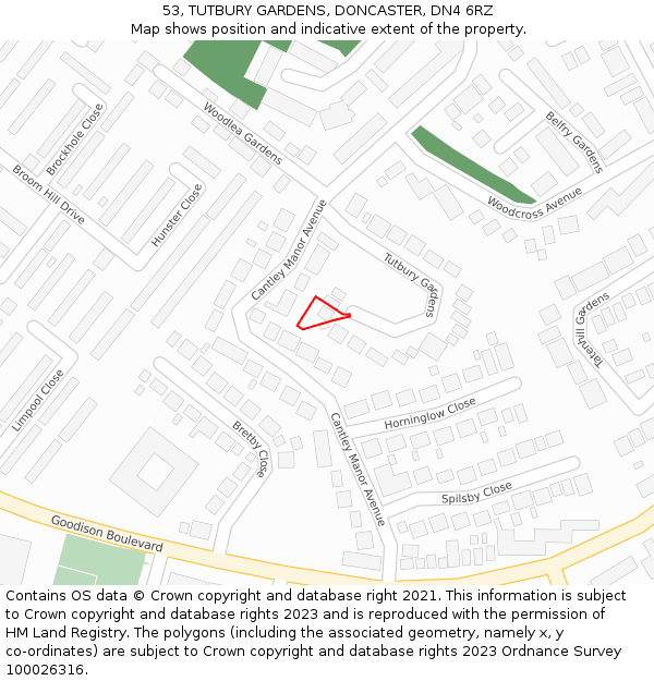 53, TUTBURY GARDENS, DONCASTER, DN4 6RZ: Location map and indicative extent of plot