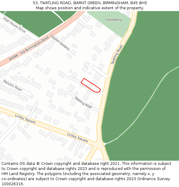 53, TWATLING ROAD, BARNT GREEN, BIRMINGHAM, B45 8HS: Location map and indicative extent of plot