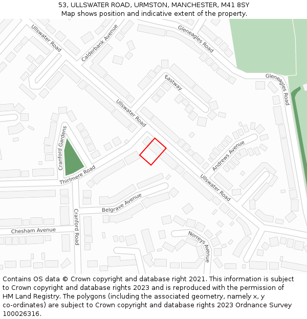 53, ULLSWATER ROAD, URMSTON, MANCHESTER, M41 8SY: Location map and indicative extent of plot